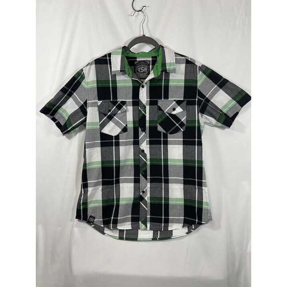 MX Republic Mens Button Up Short Sleeve Shirt White Green Black Plaid Size Large - Picture 1 of 8